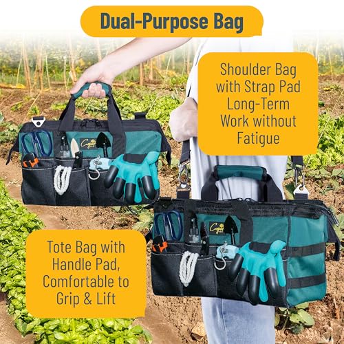 Garden Tool Bag Organizer ? 13 Pocket Heavy-Duty Gardening Tote with 7 Outer & 6 Inner Compartments, Anti-Slip Base, Adjustable Shoulder Strap & Belt ? Garden Organizers and Storage (Green)