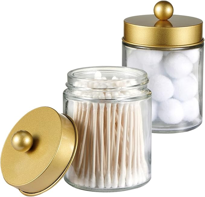 Amolliar 4 Pc Glass Apothecary Jars - Countertop Qtip Dispenser Holder with Stainless Steel Lids &Cute Stickers -Bathroom Vanity Storage Organizer Set for Qtips,Cotton Swabs,Makeup Sponges(Gold)