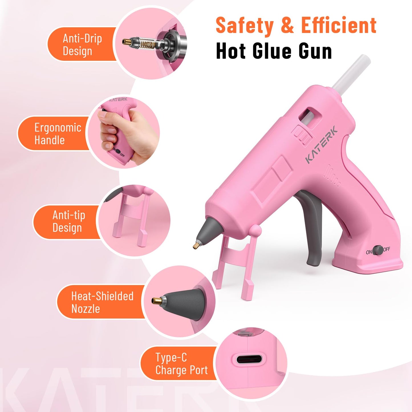 Katerk 3.7V Cordless Hot Glue Gun Kit, 90s Fast Heating, Mini Glue Gun with 15 Glue Sticks, USB-C Rechargeable with 2000mAh Built-in Battery, Ideal for DIY, Gift Making, School Crafts & Repairs (Pink)