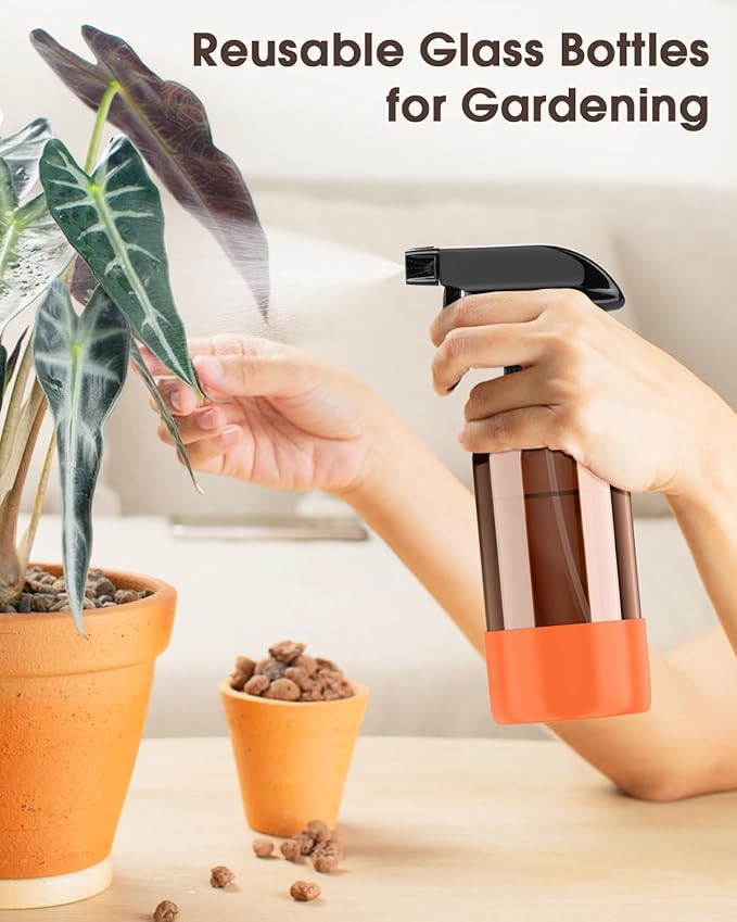 Bontip Glass Spray Bottle with Silicone Sleeve Protection, Amber Glass Spray Bottle Set for Window Cleaner Aromatherapy Facial Hydration Watering Flowers Hair Care 2 Pack/8 oz (Black & Orange)