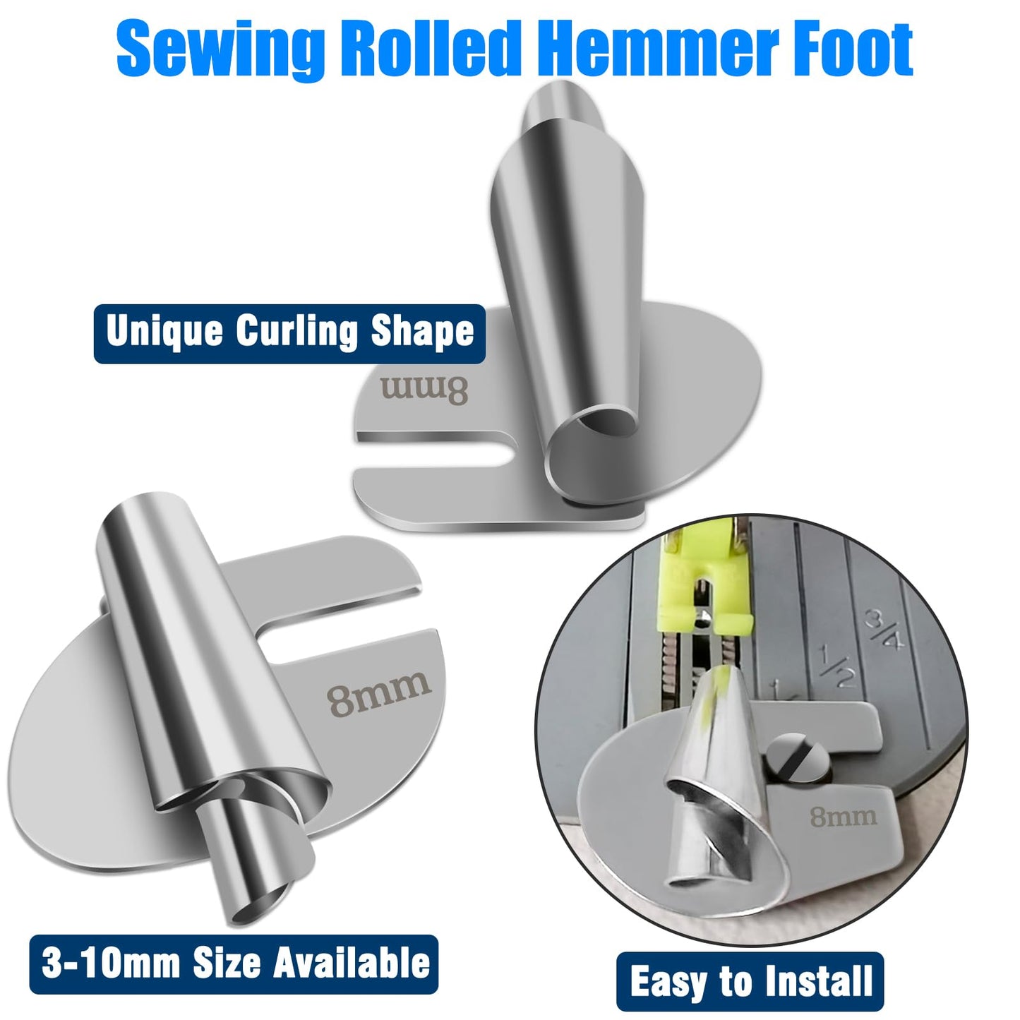 TOOVREN Sewing Rolled Hemmer Foot 8PCS Rolled Hem Presser Foot 3/4/5/6/7/8/9/10mm 8 Sizes Wide Rolling Hem Foot Sewing Machine Presser Feet Hemmer Home Industrial Curved Scroll Hemming Feet