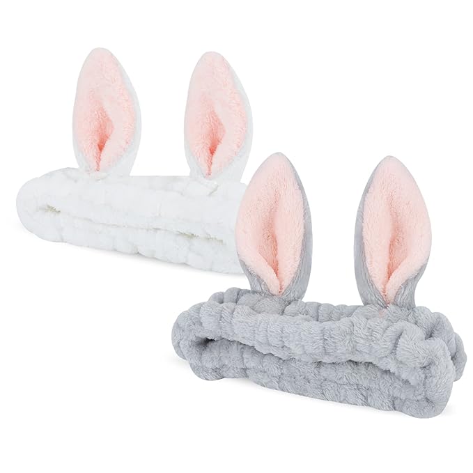 YISSION Cute Bunny Ear Spa Headband for Women and Girls - Soft Plush Makeup Headband for Face Washing, Skincare, Shower, Easter Party Favors (2 Pack, White & Gray)