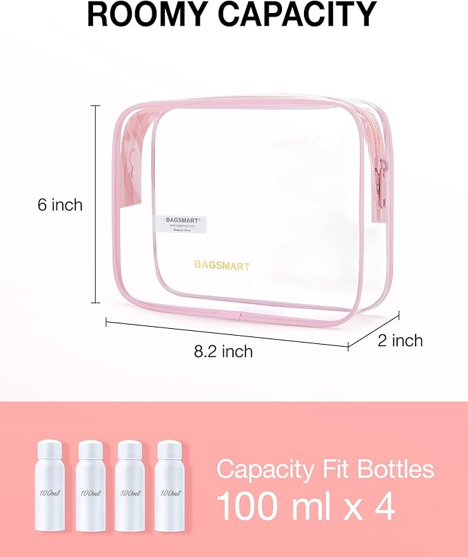 BAGSMART Clear Toiletry Bag, 3 Pack TSA Approved Travel Toiletry bag Carry on Travel Accessories Bag Airport Airline Quart Size Bags Water Repellent Makeup Cosmetic Bag for Women (Pink-3pcs)