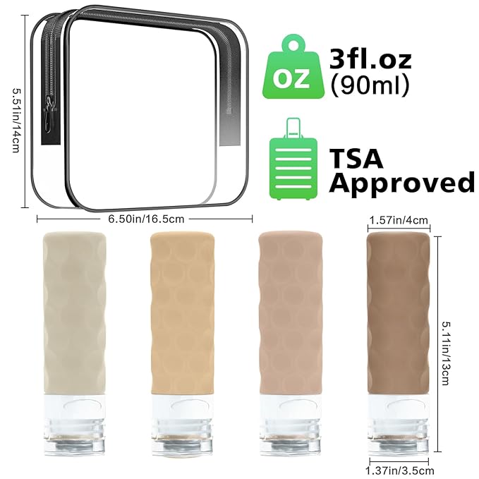 Silevoler Travel Bottles for Toiletries, 4pcs Tsa Approved 3oz Travel Size Containers, BPA Free Leak Proof Premium Silicone Bottles, Refillable Liquid Squeezable Accessories W/Toiletry Bag(Cream)