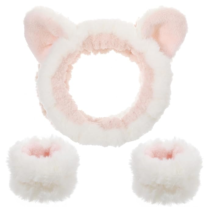 Headbands for Women, Elastic Spa Headband with 2pcs Wristband Set, Cute Plush Cat Ears Puffy Head Band Makeup Hair Band for Washing Face Skincare Yoga Facial Mask(White)