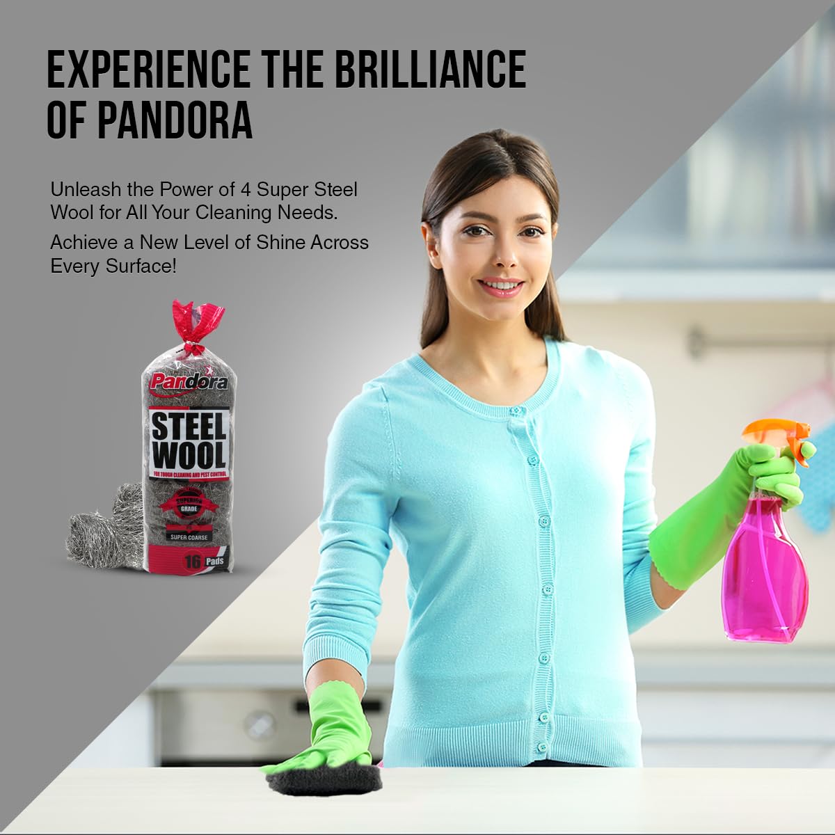 Pandora Steel Wool #4 – Extra Coarse Grade, 16 Pads for Tough Cleaning and Pest Control - Quality Metal Strands - Ideal for Removing Stubborn Paint, Rust, Dirt, and Varnish