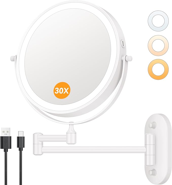 Auxmir 1X/30X Wall Mounted Makeup Mirror with Light, 8" Rechargeable Double-Sided Magnifying Mirror, Vanity Mirror Dimmable 3 Color Light, 360° Extension Rotation Foldable 14.5 Inch Arm, White