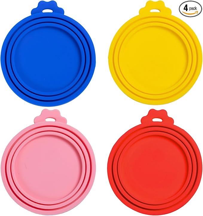 PINE & LINEN 4 Pcs Durable Pet Can Lids,One fit 3 Standard Size Silicone Waterproof Cat Food Cans Lids for 3oz/5.5oz/12.5oz/13.2oz Cat Food Cans（Yellow+Red+Pink+Blue）