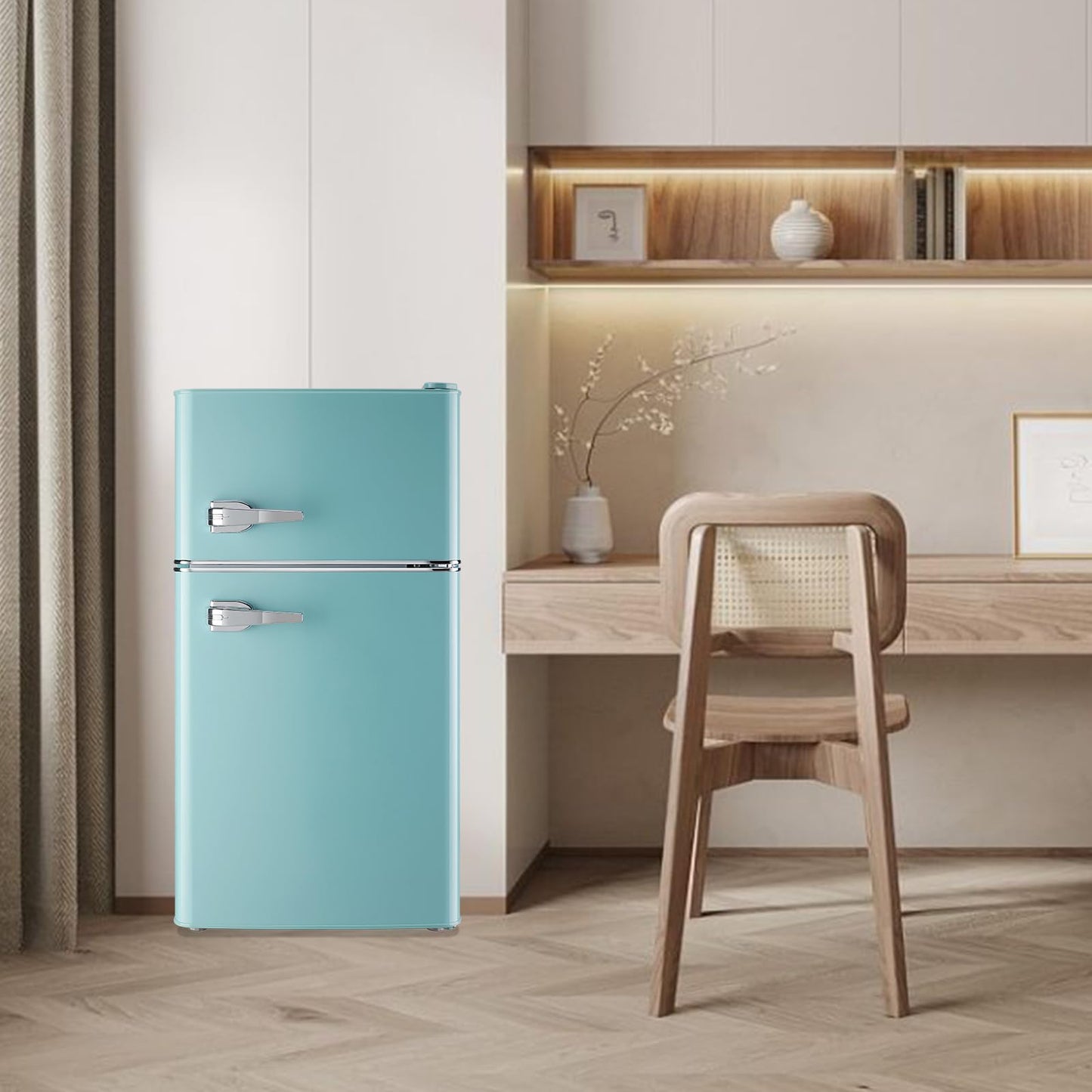 WANAI 3.5 Cu.ft Retro Mini Fridge with Freezer Small Retro Dual Door Refrigerator Freestanding Compact Refrigerator with Freezer 2 Door Mini Fridge for Bedroom, Dorm, Office Blue