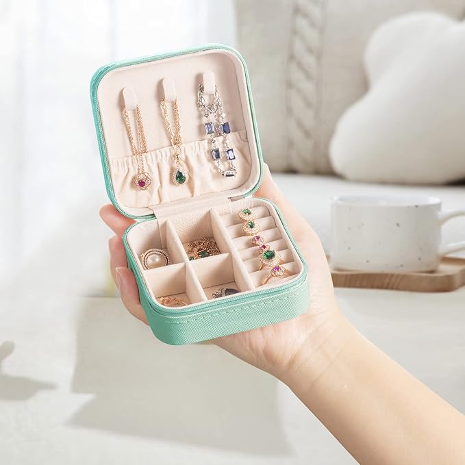 Mini Jewelry Travel Case,Small Jewelry Box,Traveling Jewelry Organizer,Portable Jewellery Storage Holder for Rings Earrings Necklace Bracelet Bangle for Girls Women(Blue - 1 pack)