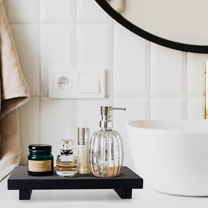 Black Wooden Bathroom Tray Decorative Kitchen Countertop Trays Farmhouse Wood Riser Pedestal Stand Dish Soap Dispenser Holder for Kitchen Counter Bathroom Sink Organizer Accessories Decor Vanity Tray