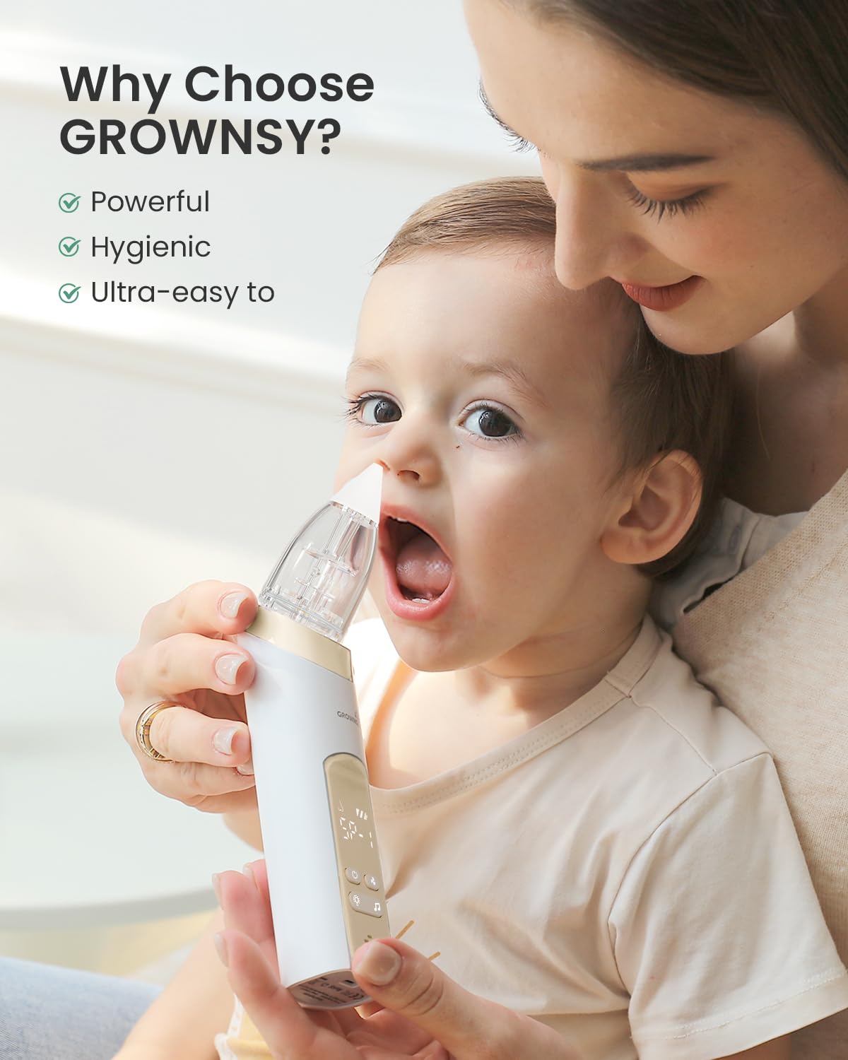 GROWNSY Nasal Aspirator for Baby, Electric Baby Nose Sucker, Automatic Nose Cleaner with Larger Suction Chamber and More Powerful Suction, Music and Light Soothing Function, Beige