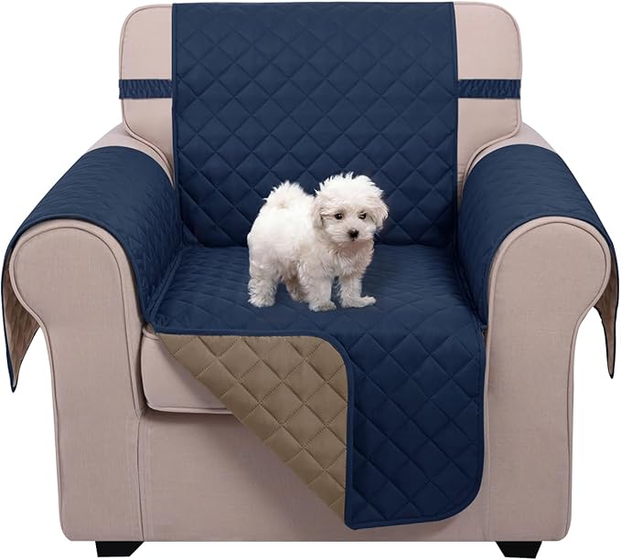 U-NICE HOME Recliner Chair Covers Reversible Chair Cover Pet Covers for Dogs with Elastic Straps Water Resistant Diamond Quilted (23''Armchair, Navy/Taupe)