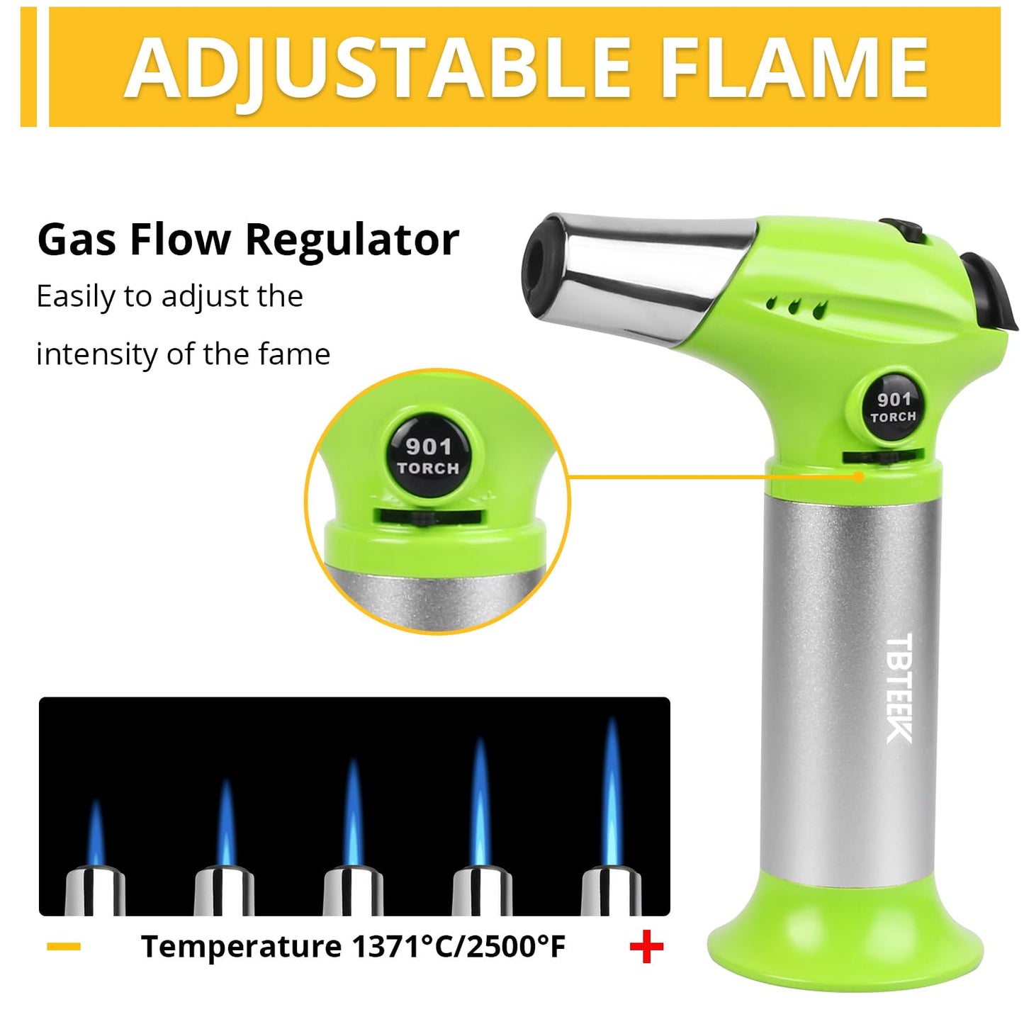 TBTEEK Butane Torch T901, Kitchen Torch Cooking Torch with Safety Lock & Adjustable Flame for Cooking, BBQ, Baking, Brulee, Creme, DIY Soldering(Butane Not Included), Green