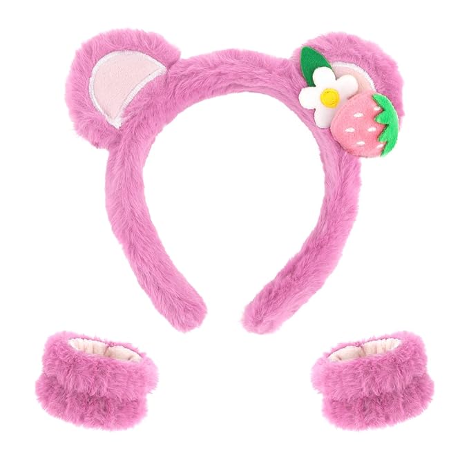 CAVETEE Hairband, 3 Piece Pink Bear Ears Makeup Headband for Women, Spa Cosmetic Elastic Headband and Wristband Set for Women Girl Wash Face Skincare Makeup Shower Spa