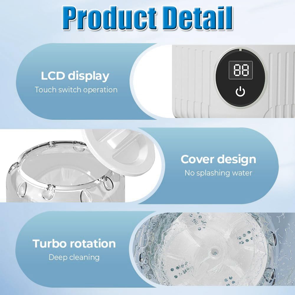 Portable Ultrasonic Mini Washing Machine 2026 New Rechargeable Travel Laundry Solution for Underwear, Compact Design for Apartments, Dorms, RVs, and Camping (White)