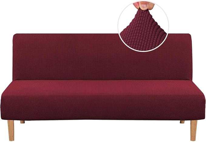 H.VERSAILTEX Armless Futon Cover Stretch Sofa Bed Slipcover Protector Elastic Feature Rich Textured High Spandex Small Checks Jacquard Fabric Futon Cover, Machine Washable, Burgundy Red