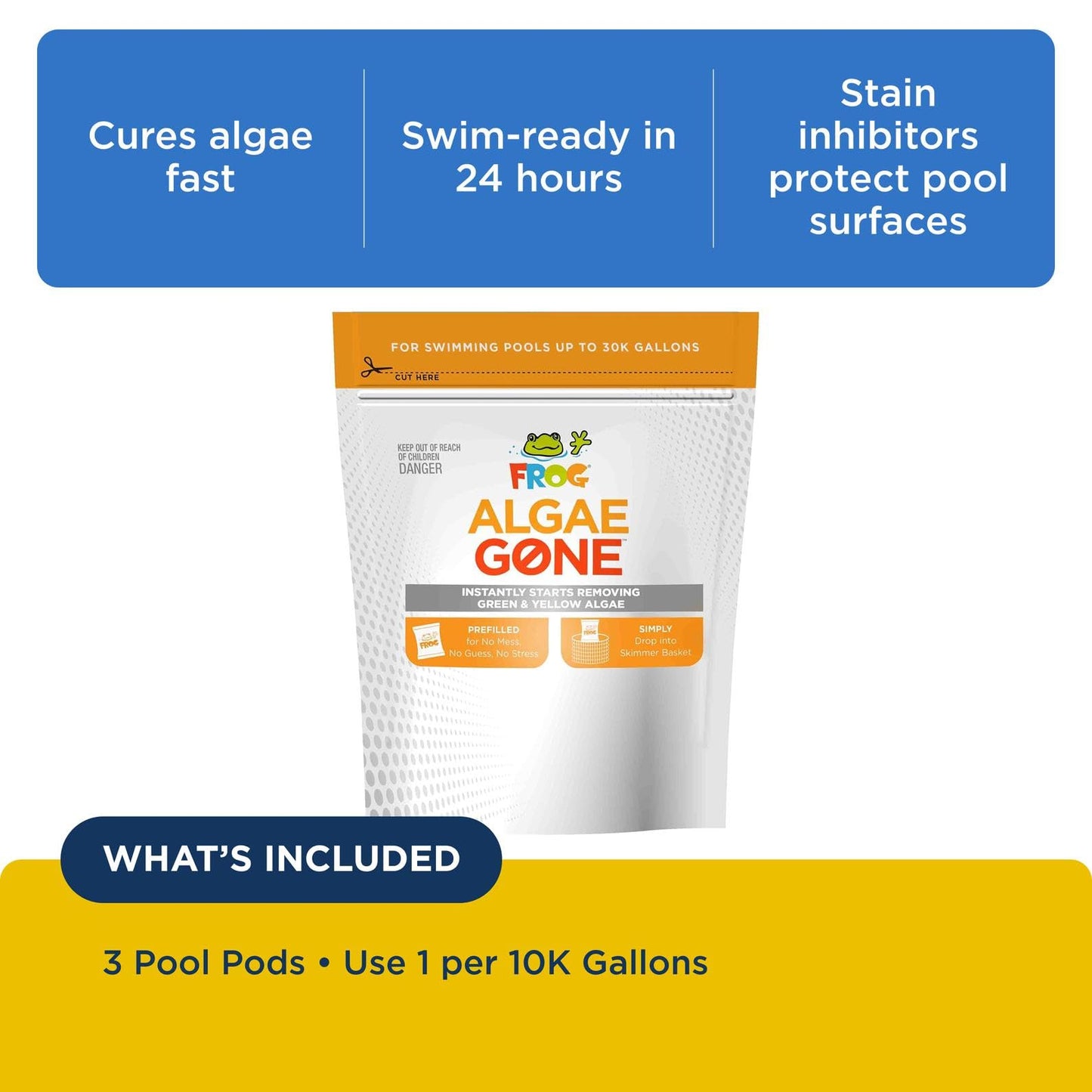 FROG Algae Gone - Dry Formula Algaecide Removes Green and Yellow Algae for In-Ground & Above-Ground Pools up to 30,000 Gallons - Chemical Pool Maintenance & Treatment - 3 Pods