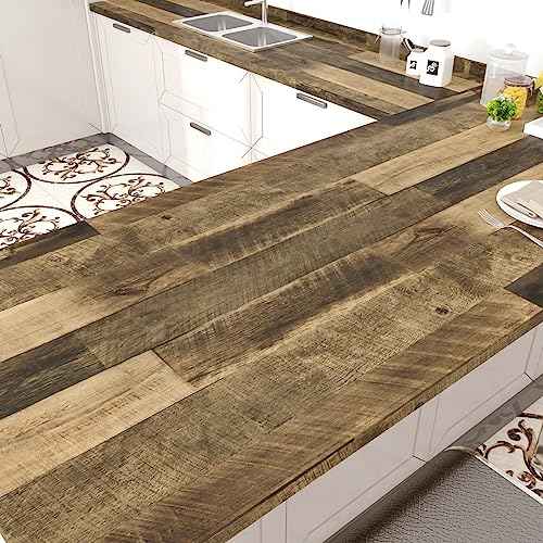 WESTICK Brown Wood Counter Top Peel and Stick Waterproof Wood Contact Paper for Countertops Self Adhesive Wooden Wallpaper Rustic Wooden Vinyl Countertop Wrap for Tables Kitchen Cabinets 15.8" x 78"