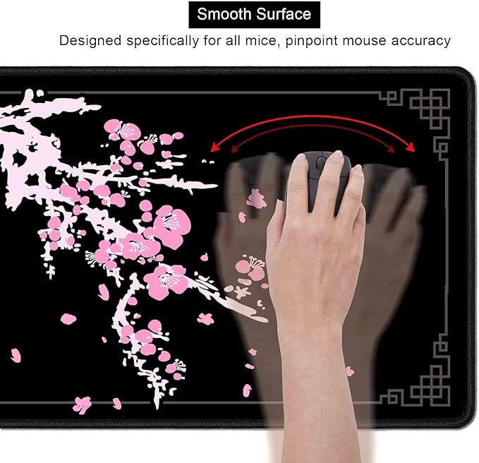 Japanese Pink Cherry Blossom Desk Pad, Black Long Mouse Pad Deskmat, Cute Desk Mat for Desktop, Women Computer Laptop Protector Writing Pads for School Office, 31.5 X 11.8 in- Sakura Flowers