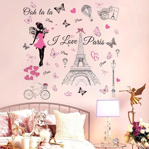 Paris Wall Decal Vinyl Eiffel Tower Wall Sticker Bicycle Hot Air Ballon Wall Decor for Girl Women Bedroom Living Room