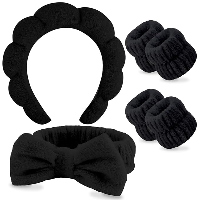 SPA Headbands for Washing Face Makeup Headbands with Bow Hair Band Women Facial Head Band Wrist Towel Wraps For Shower Face Mask Black, 6 Pack