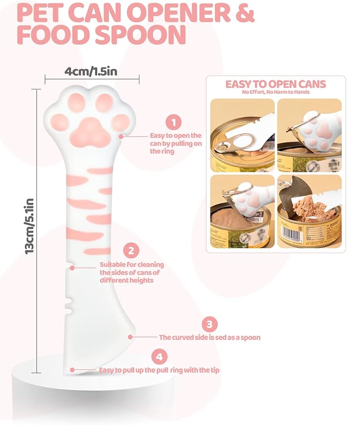 5 PCS Cat Food Can Covers Lids Set, Silicone Pet Food Can Lids with Multi-Function Cat Food Spoon and Opener, Cat Bar Squeezer, Stainless Steel Wet Food Spoon for Cats and Dogs (Pink)