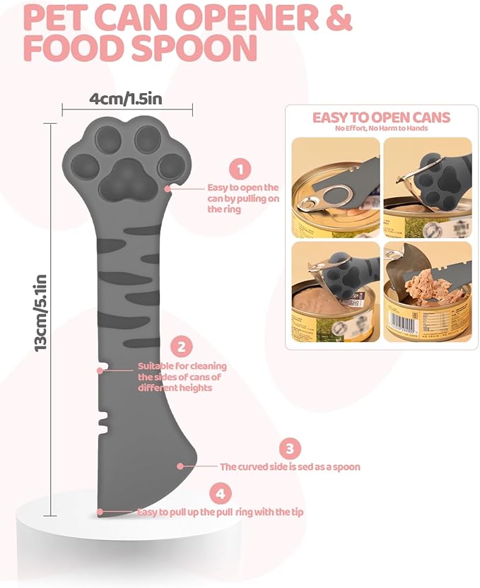 5 PCS Cat Food Can Covers Lids Set, Silicone Pet Food Can Lids with Multi-Function Cat Food Spoon and Opener, Cat Bar Squeezer, Stainless Steel Wet Food Spoon for Cats and Dogs (Grey)