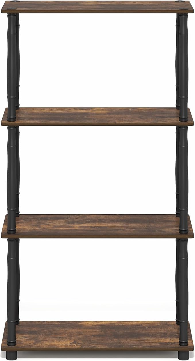 Furinno Turn-N-Tube Storage Shelves, 4-Tier Open Frame Book Shelf, Standing Corner Shelf, Toolless Open Shelves, Classic Tubes, for Organization and Storage, Living Room, Home Office, Amber Pine
