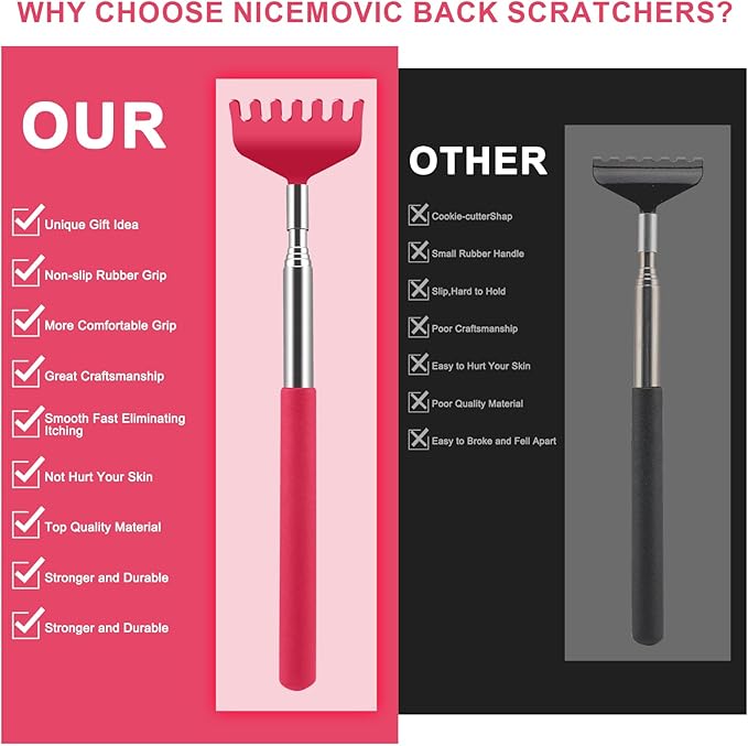 NICEMOVIC 6 Pack Back Scratcher for Women Men, Christmas Stocking Stuffers, Prizes for Adults, White Elephant Gifts for Adults, Extendable Bulk Back Massager Tool for Thanksgiving Birthday (Red)