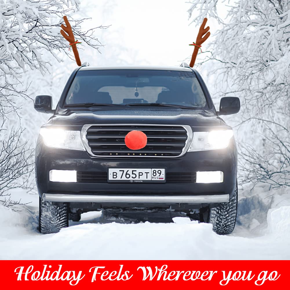 Abnaok Car Reindeer Antler Kit and Nose, Reindeer Christmas Decoration for Car Window Roof-Top & Front Grille,Christmas Reindeer Antlers Auto Decoration Set for Car SUV Van Truck