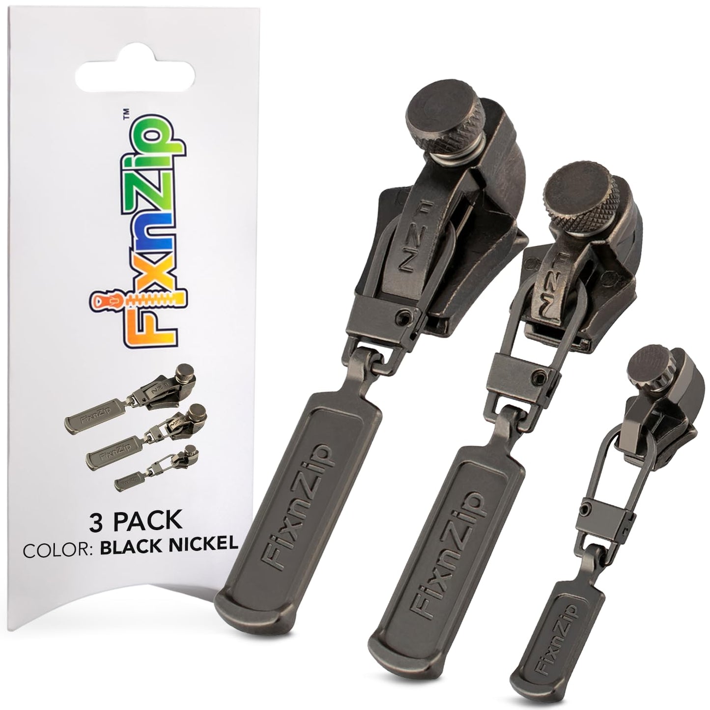 FixNZip Small, Medium, and Large Black Nickel Zipper Repair Kit Bundle | Universal No-Sew Slider Replacement for All Apparel Needs | Instant and Reusable Zipper Repair Tool | Sizes 1-10