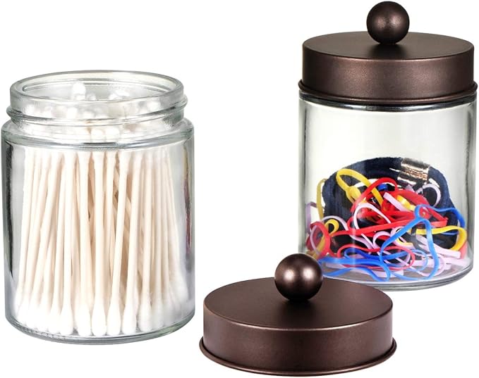 Amolliar 4 Pc Glass Apothecary Jars - Countertop Qtip Dispenser Holder with Stainless Steel Lids&Cute Stickers -Bathroom Vanity Storage Organizer Set for Qtips,Cotton Swabs/Rounds (Bronze)