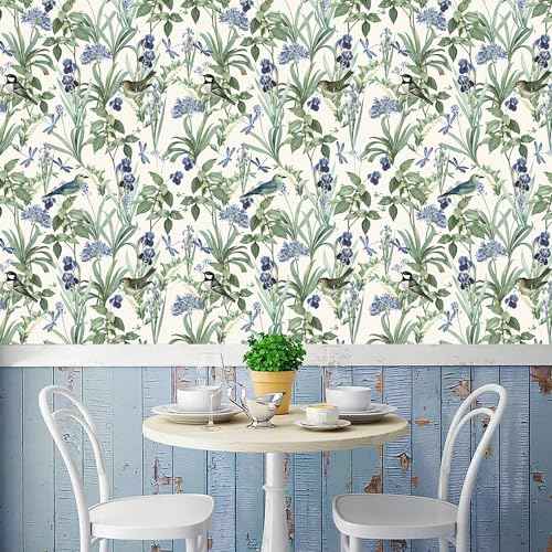 IARTTOP Birds Wallpaper Green Leaves Floral Peel and Stick Contact Paper Sage Wallpaper Floral Birds Wall Paper Green Contact Wall Mural for Living Room Bedroom Cabinet Decor(59 * 17.7in)