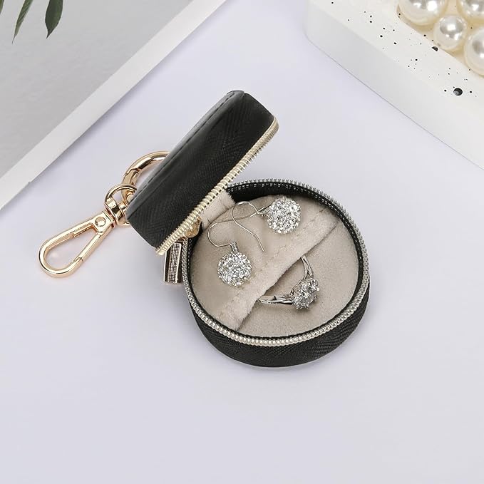 Jewelry Ring Holder Box with Keychain, Portable Gym Jewelry Storage Box Case, Small Travel Ring Earring Stud Necklace Storage Case (Black)