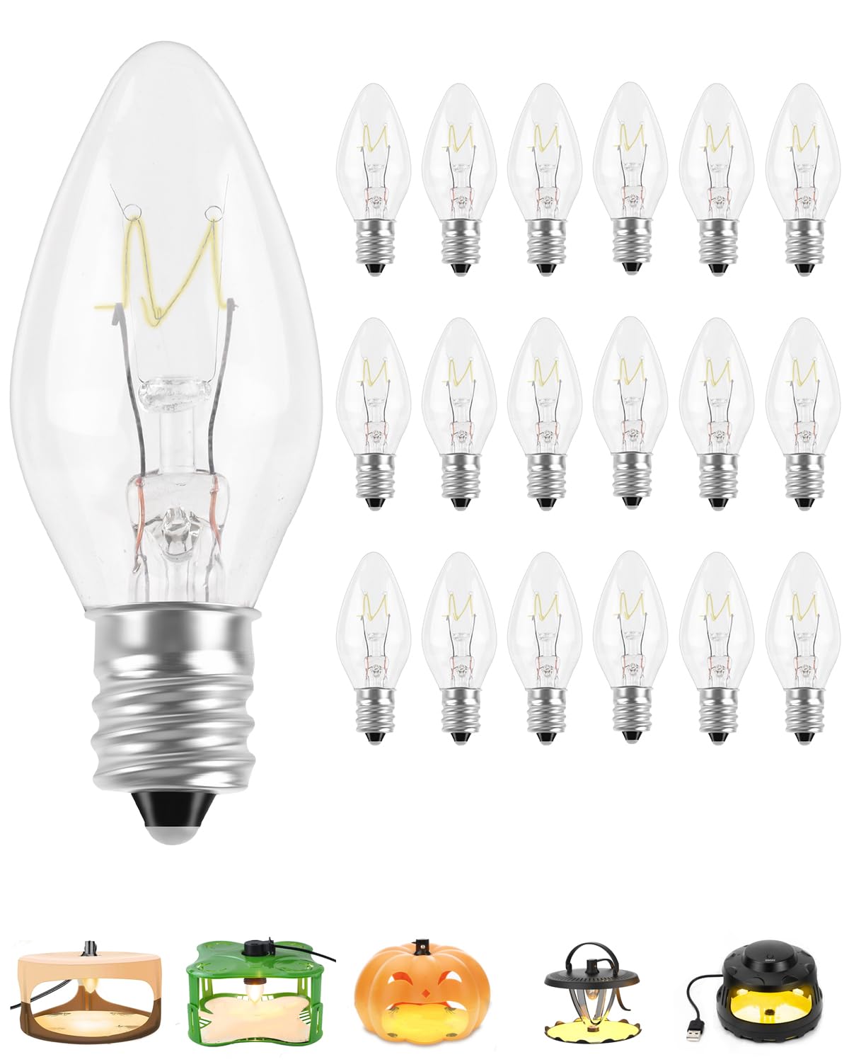 PACETAP 18Pack 7W C7 Night Light Replacement Bulbs with E12 Candelabra Base for Salt Lamps, Window Candles and Chandeliers, C7 Nightlight Bulb for Outdoor String Lights Warm White 2200k