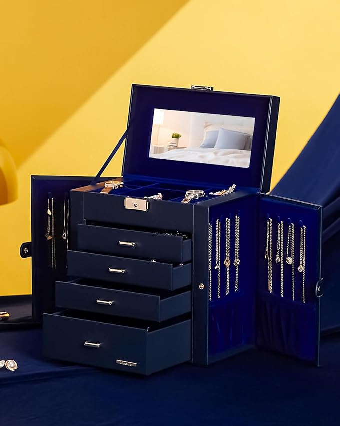 Homde Synthetic Leather Huge Jewelry Box Mirrored Watch Organizer Necklace Ring Earring Storage Lockable Gift Case (Dark Blue + Gold)