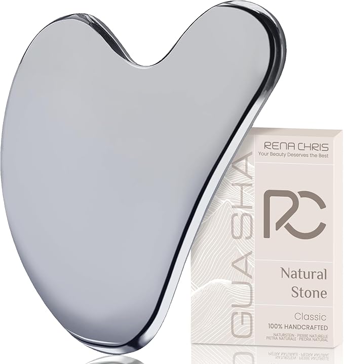 Rena Chris Gua Sha Facial Tools: Natural Terahertz Guasha Tool for Face Acupuncture Therapy, Facial Massager for Jawline Sculpting and Puffiness Reducing (Silver-Gray)