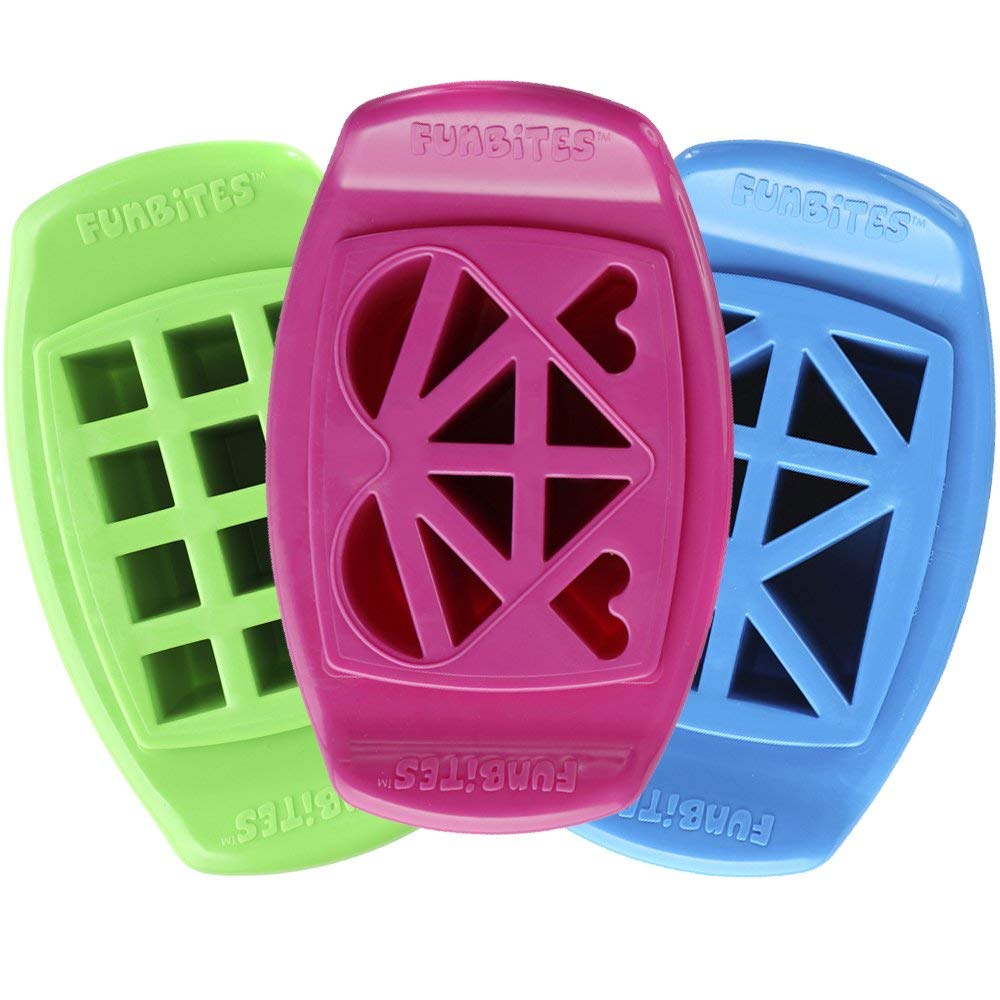 FunBites Set of 3 Food Cutters, Green Squares, Pink Hearts, Blue Triangles