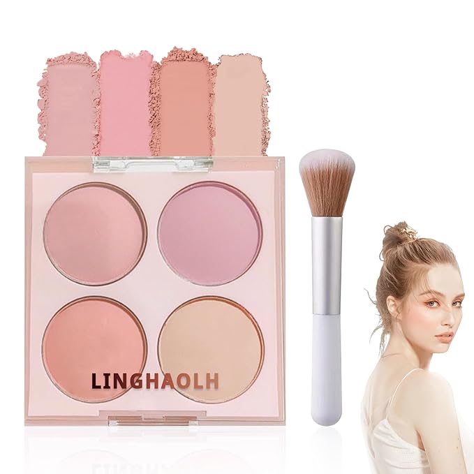 4 Colors Blush Palette for Cheeks - Face Matte Contour Makeup Palette, Buildable Shimmer Facial Cheek Blusher Shades, Blendable Cosmetic With Brush 03