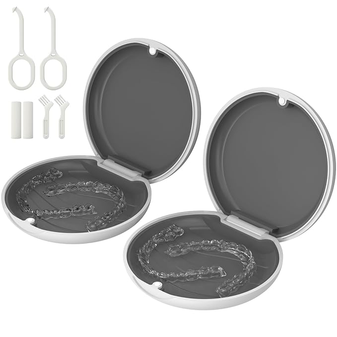 2 Pack Retainer Case, Compatible with Invisalign, Orthodontic Aligner Case with Removal Tool and Brush, White