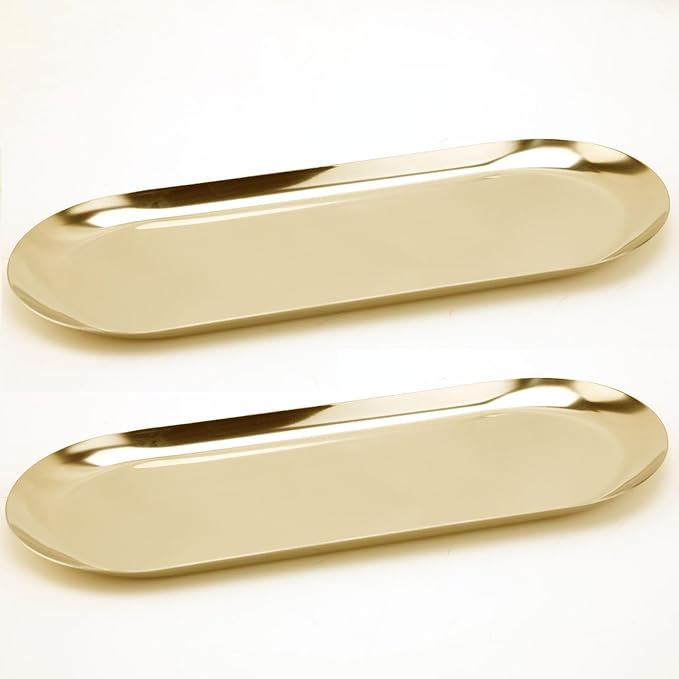 Fermus Stainless Steel Decorative Tray, Set of 2, 12 Inch Long, Jewelry Dish Cosmetics Organizer Bathroom Clutter Serving Platter Small Storage Tray, Oval, Gold