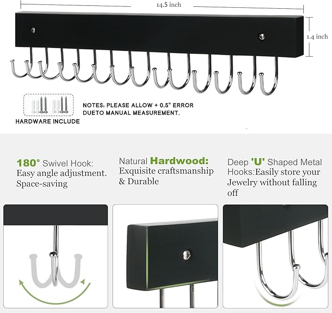 Necklace Holder Wall Mounted Jewelry Organizer - 2 Pack Wooden with 28 Hooks, Hanging Earring & Ring Bracelet Storage, Decorative Space-Saving Jewelry Display (Black)