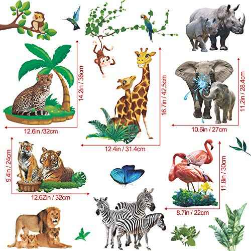 Lifelike Jungle Animal Wall Decals Safari Wild Animal Wall Stickers Removable Lion Tiger Elephant Animal Wall Decor for Boys Girls Bedroom Kids Nursery Classroom Daycare Playroom MG1011