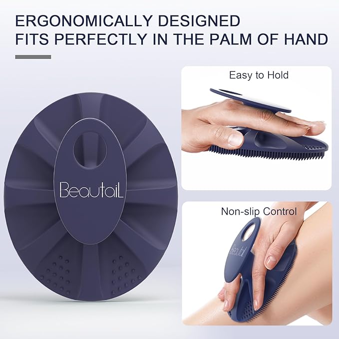 BEAUTAIL Silicone Body Scrubber Shower Bath Wash Brush Gentle Exfoliating Scrub Cleansing Loofah for Women Men Baby Sensitive Skin, Easy to Clean, Lather Nicely, More Hygienic, 1 Pack, Blue