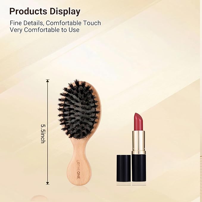 URTHEONE 2 Pack 100% Pure Boar Bristle Hair Brush - Mini Travel Size Wooden Brushes, for Natural Shine & Frizz Control, Portable Pocket Hairbrushes for Purse, Car, Office, Women Men Kids