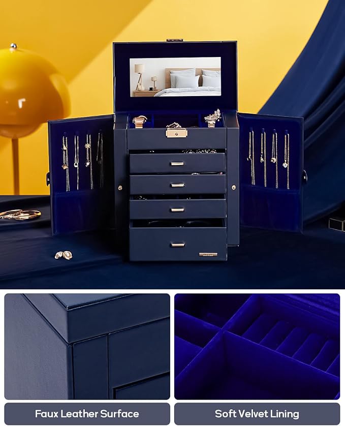 Homde Synthetic Leather Huge Jewelry Box Mirrored Watch Organizer Necklace Ring Earring Storage Lockable Gift Case (Dark Blue + Gold)