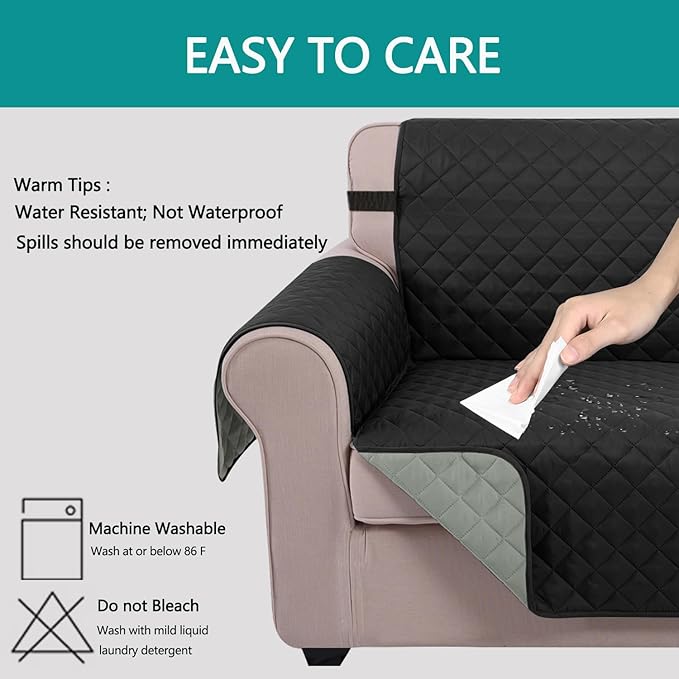 U-NICE HOME 4 Seater Sofa Cover 91 Inch Large Couch Covers for 4 Cushion Couch with Elastic Straps Water Resistant Furniture Protector Cover for Pets Cat (Sofa XX-Large, Black/Grey)