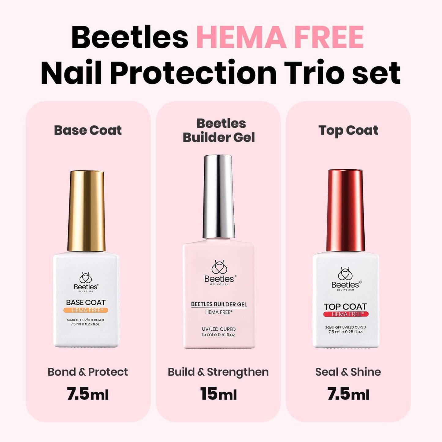 Beetles Builder Gel for Nails HEMA-Free with Base & Top Coat,Nail Protection Trio Set 3 Pcs Strengthening Nail Apex Building Extension for Beginner DIY Salon at Home,Clear Building Gel,UV & LED Cured