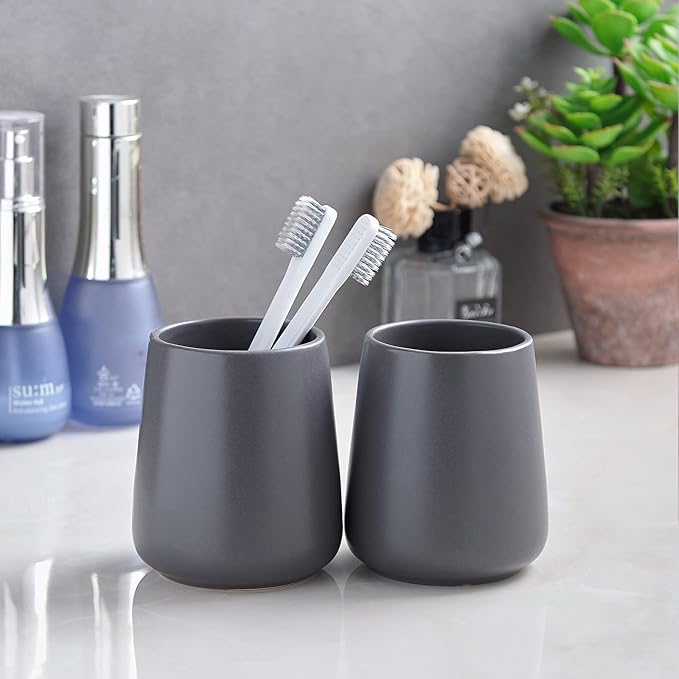 Matte Grey Toothbrush Holders for Bathroom - 2Pcs Ceramic Tooth Brushing Holder Set, Toothpaste Holder, Reusable Toothbrush Mouthwash Cups, Space-Saving Design for Bathroom Countertop